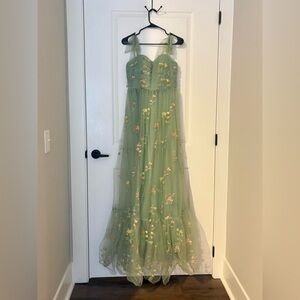 green floral embroidered prom dress